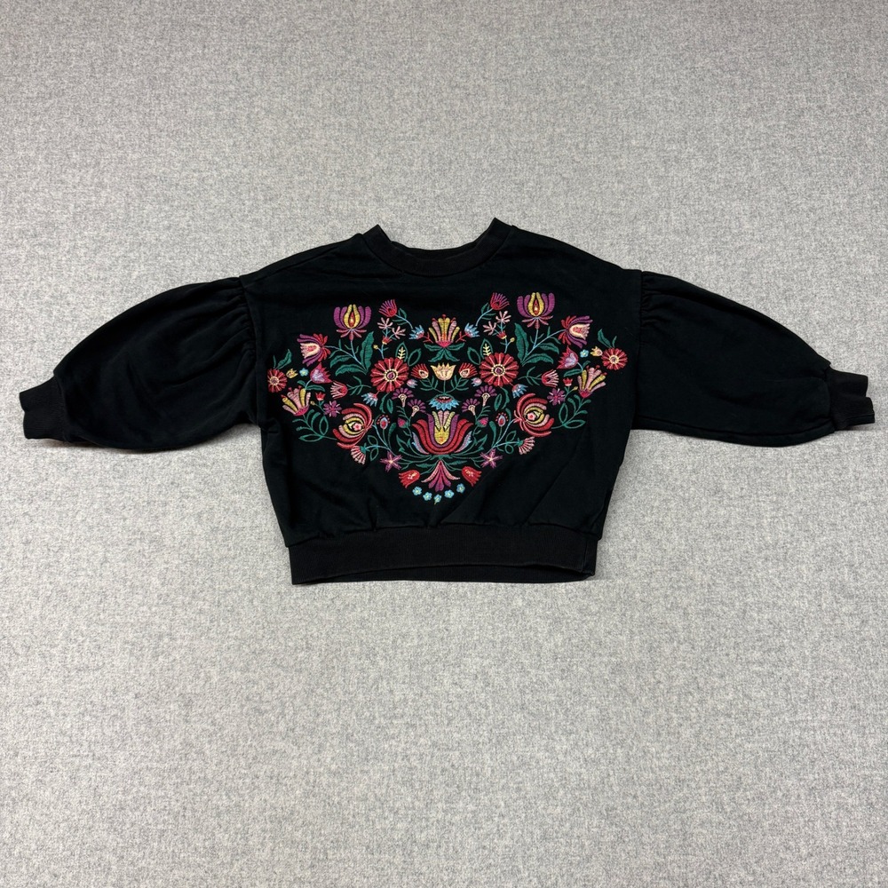 Forever 21 Floral Embroidered Sweatshirt Small Black Puff Sleeve Cropped Boho